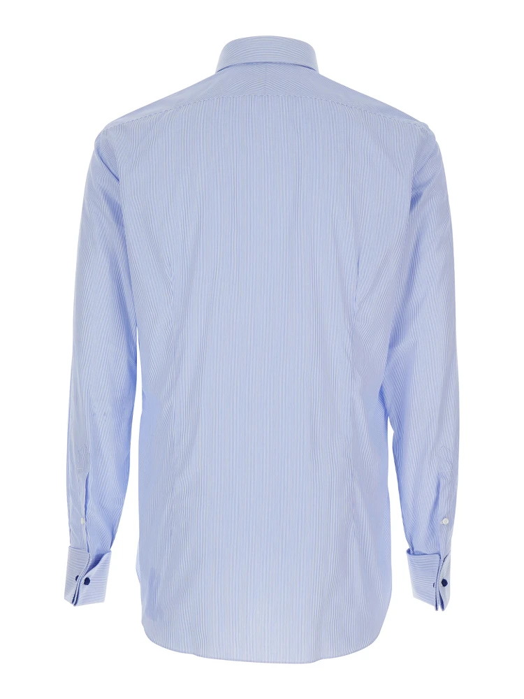 Light Blue Shirt with Classic Collar and All-Over Striped Motif in Cotton Man alternative