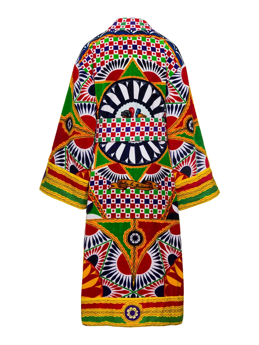 Multicolor Kimono Bathrobe with All-Over Carretto Siciliano Print in Cotton Dolce & Gabbana