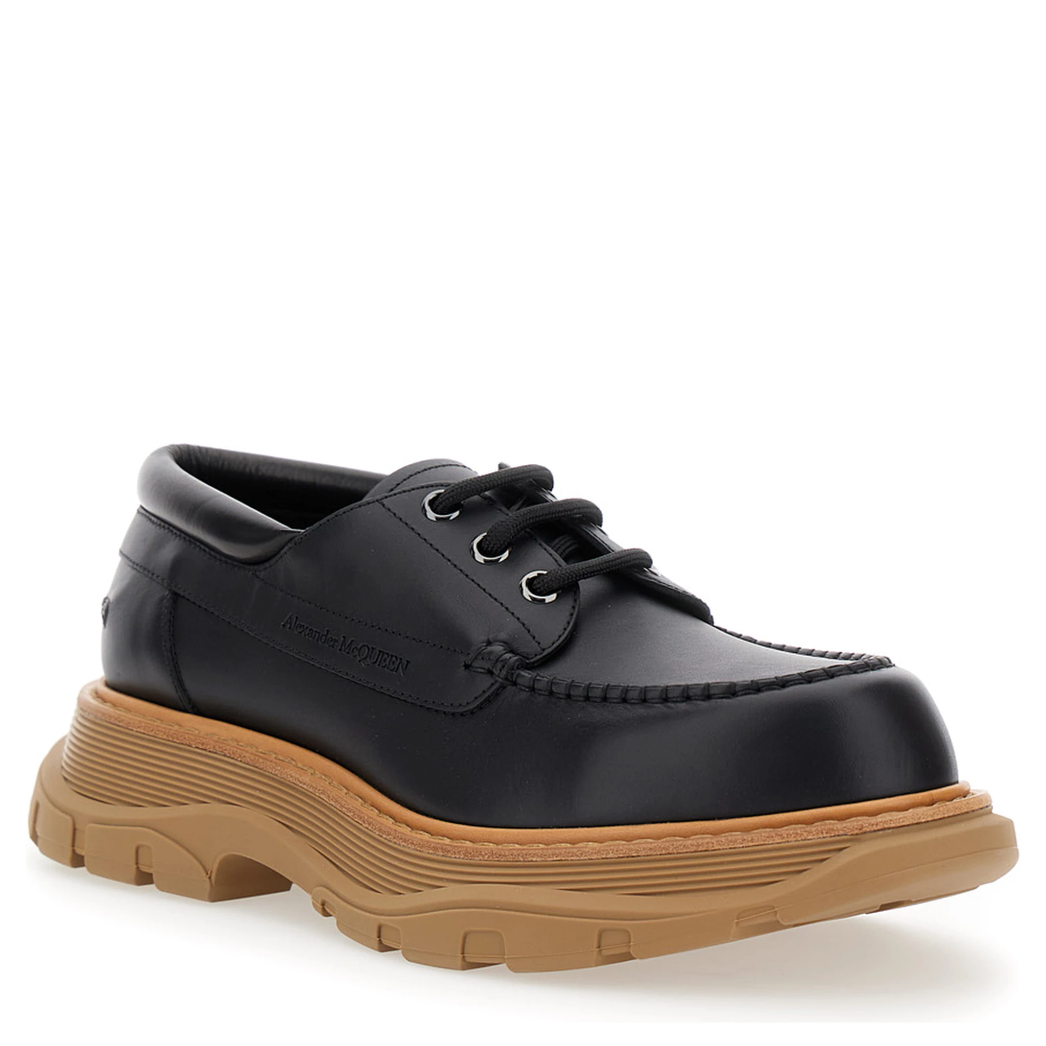 Black Derby Shoes with Engraved Logo and Platform in Leather Man