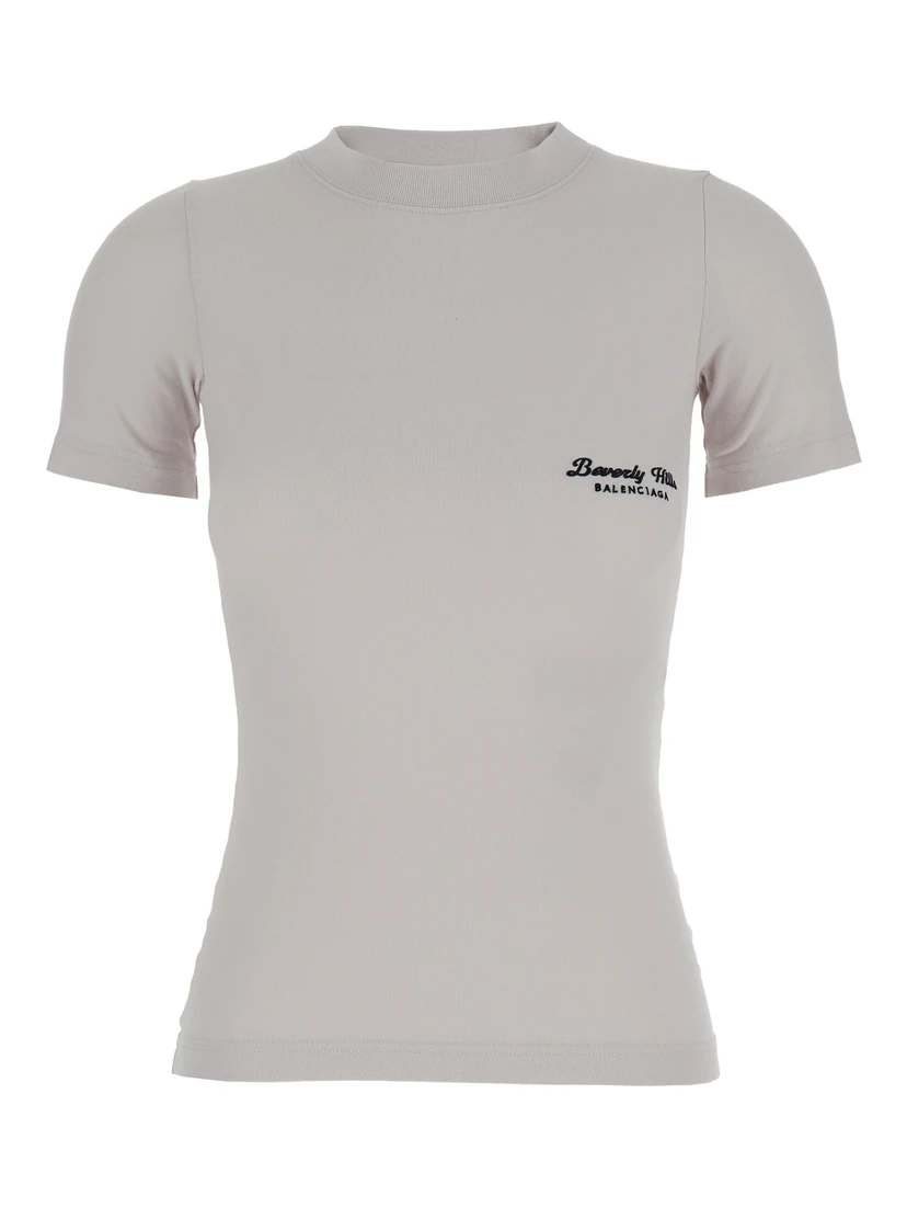 Off White T-Shirt with Beverly Hills Embroidery in Peeling Stretch Jersey Woman