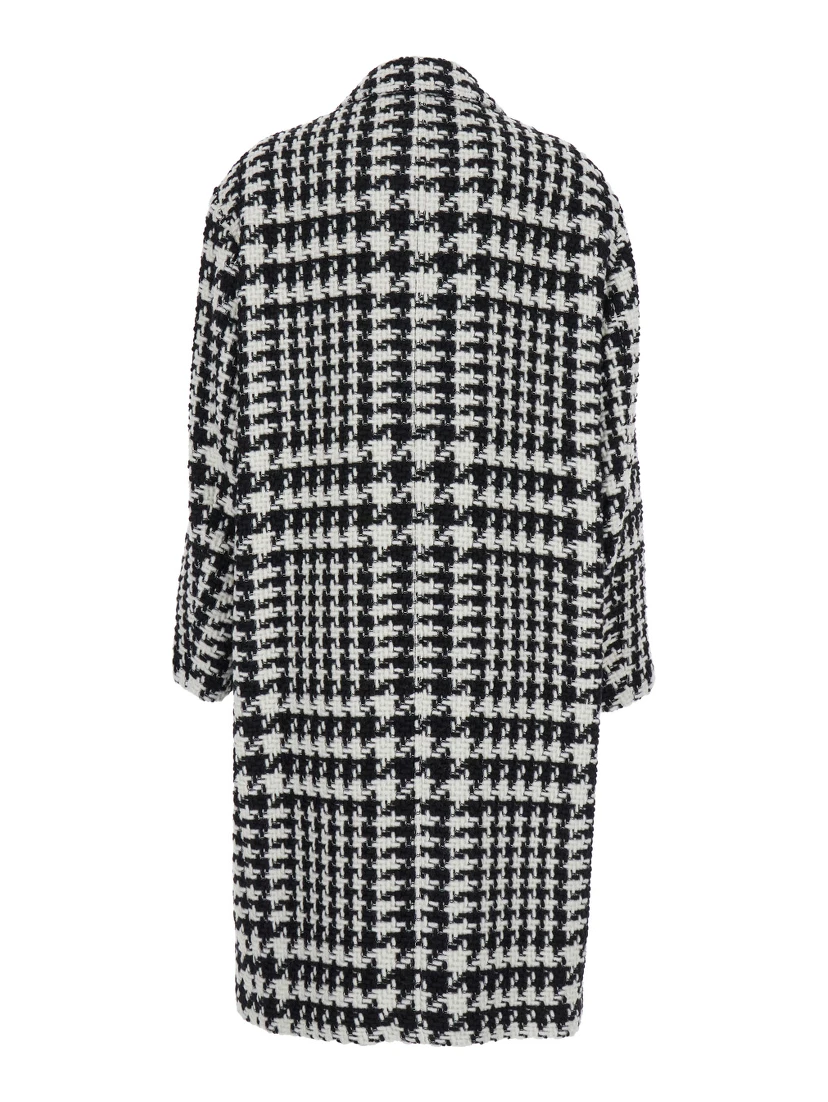 Black and White Coat with All-Over Check Motiv in Wool Blend Woman