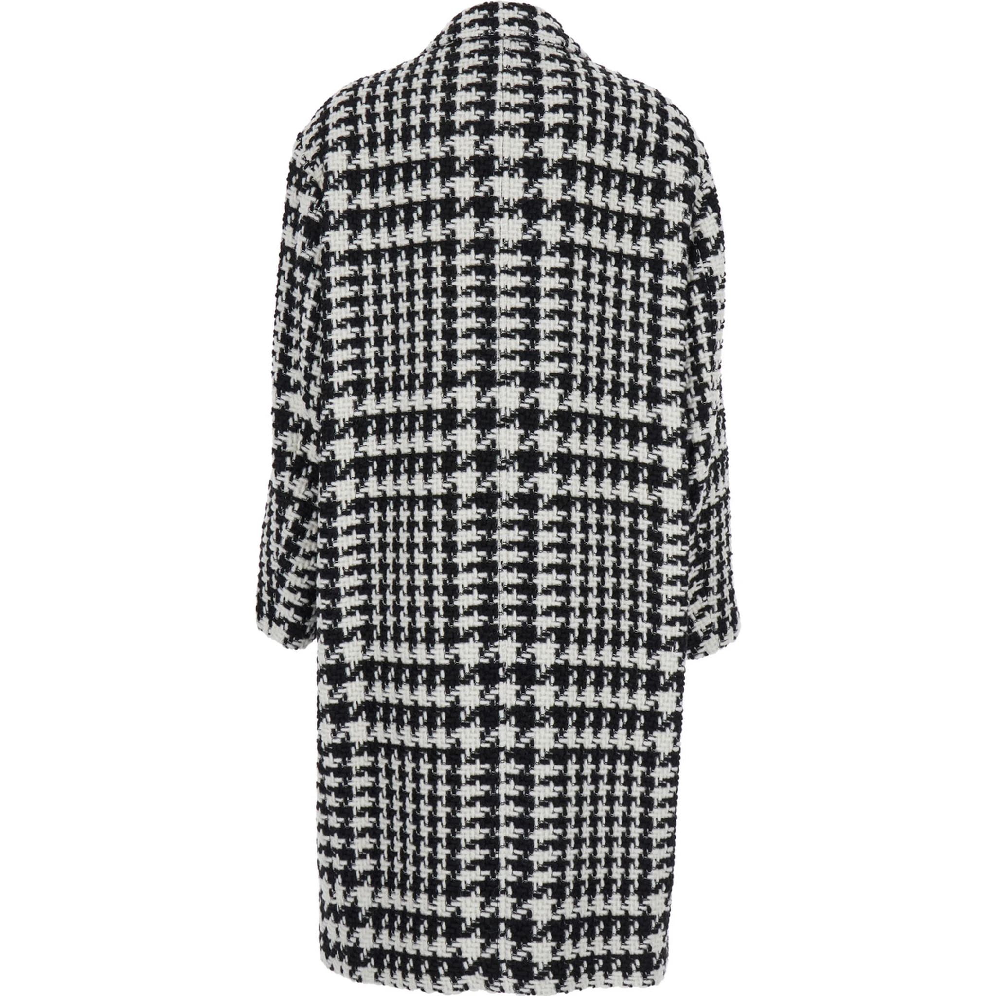 Black and White Coat with All-Over Check Motiv in Wool Blend Woman