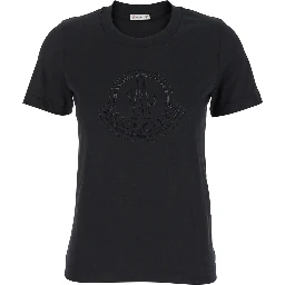 Black T-Shirt with Rhinestone Logo in Cotton Woman