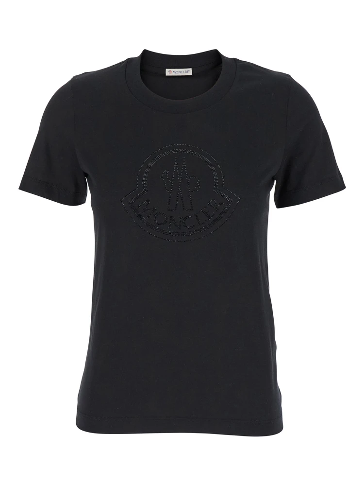 Black T-Shirt with Rhinestone Logo in Cotton Woman