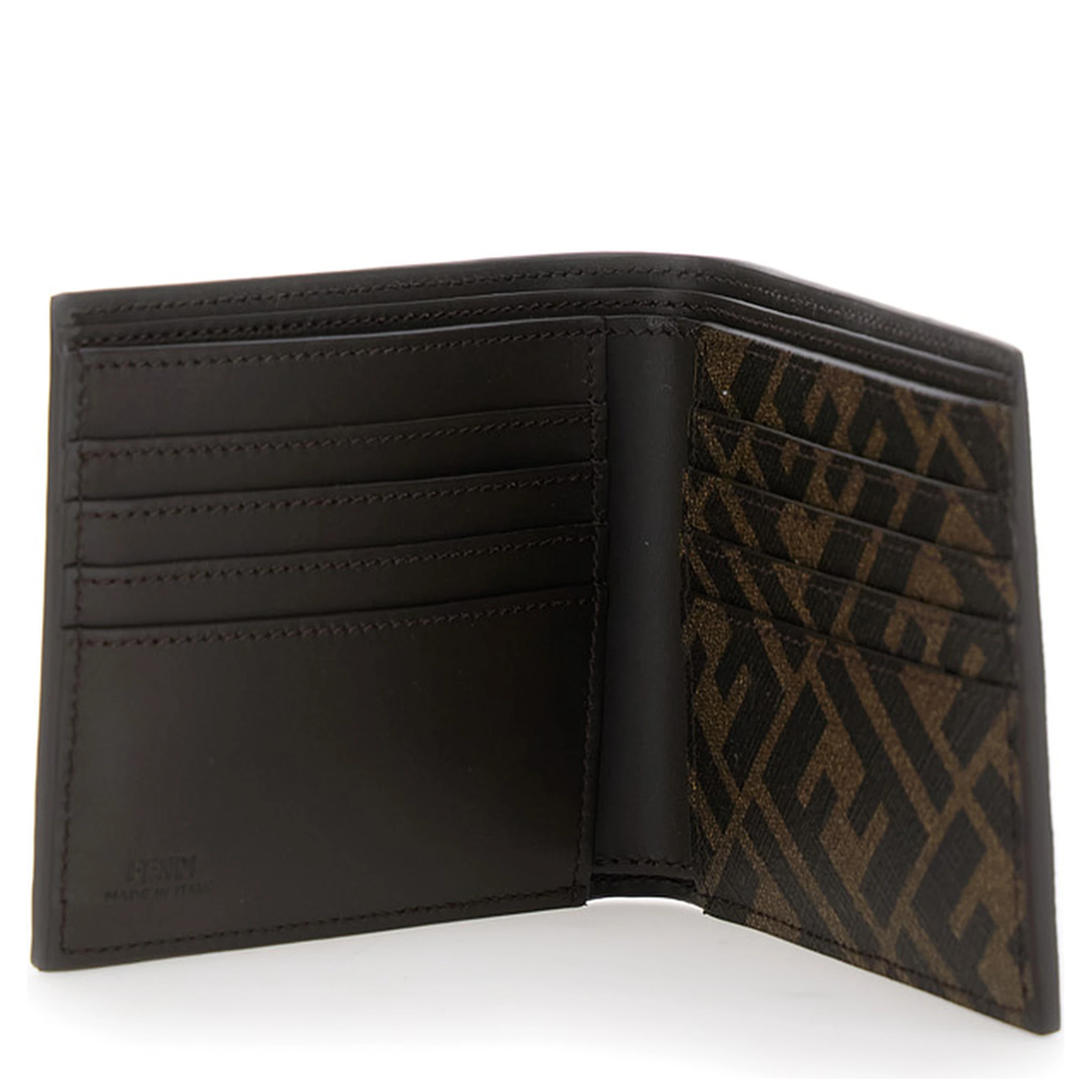 Brown Bi-Fold Wallet with Squared FF Motif in Leather Man
