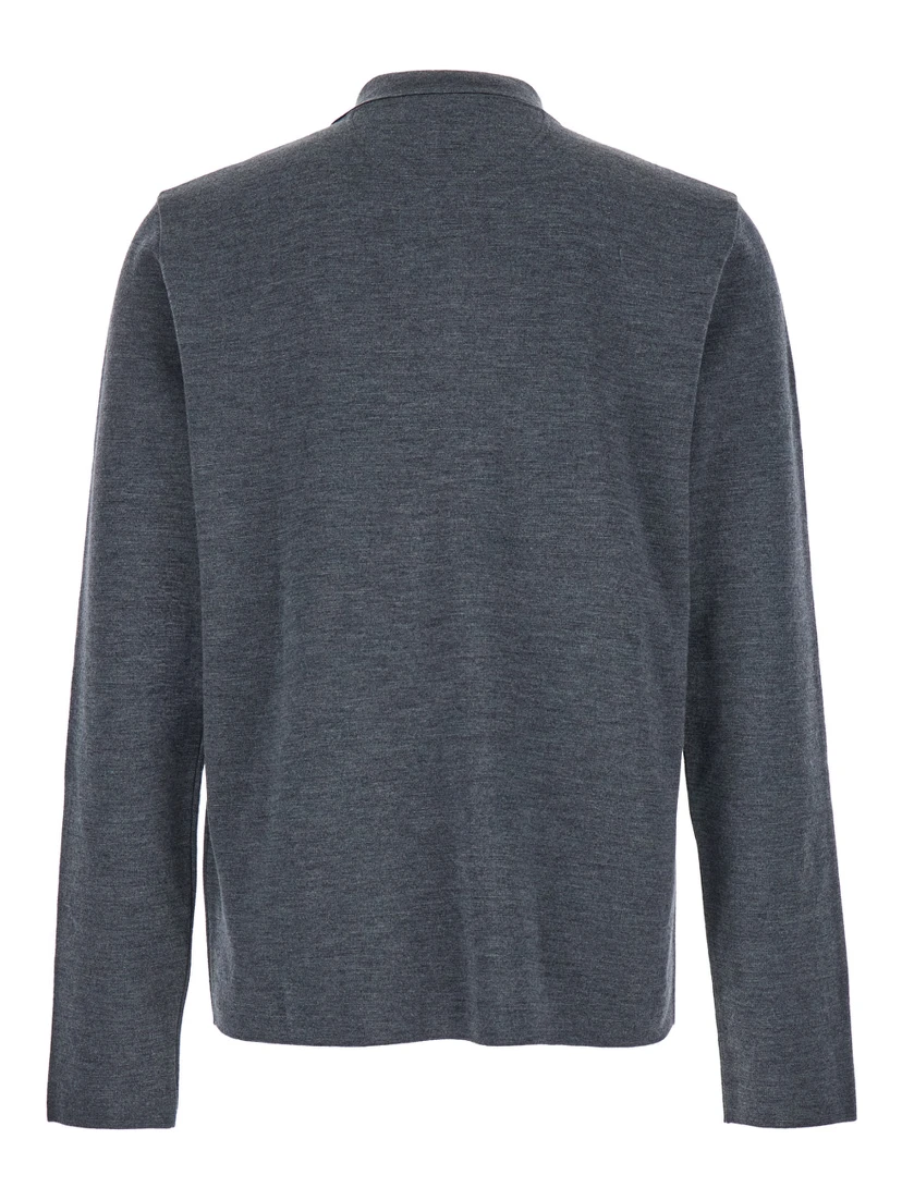 Grey Polo Shirt with Classic Collar and Long Sleeves in Wool Man