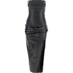 Black Sleeveless Off-Shoulder Midi Dress with Front Single Slit and Ruched Waist in Leather Woman