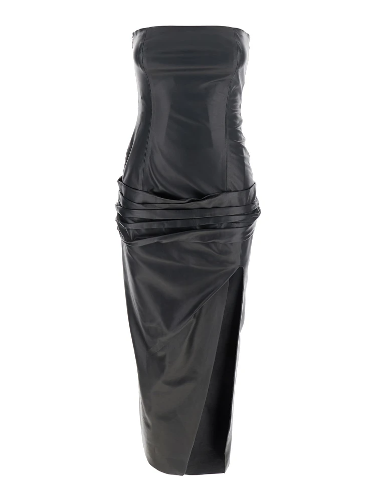 Black Sleeveless Off-Shoulder Midi Dress with Front Single Slit and Ruched Waist in Leather Woman