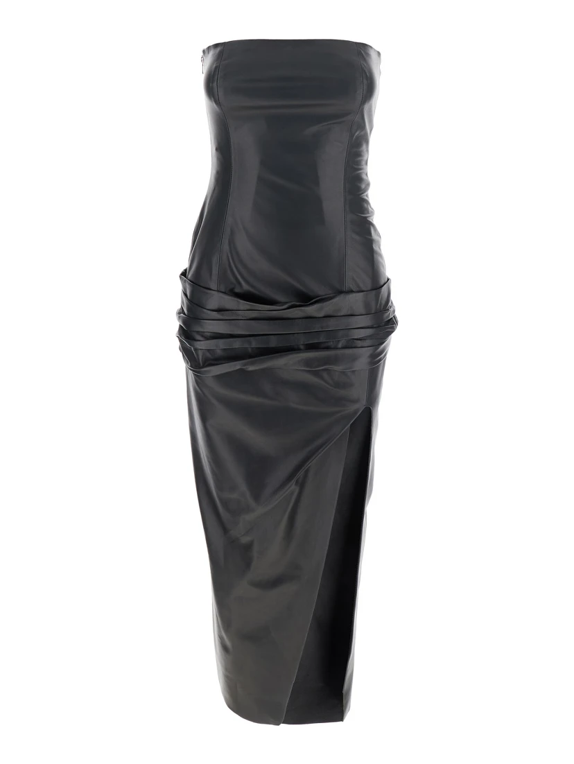 Black Sleeveless Off-Shoulder Midi Dress with Front Single Slit and Ruched Waist in Leather Woman