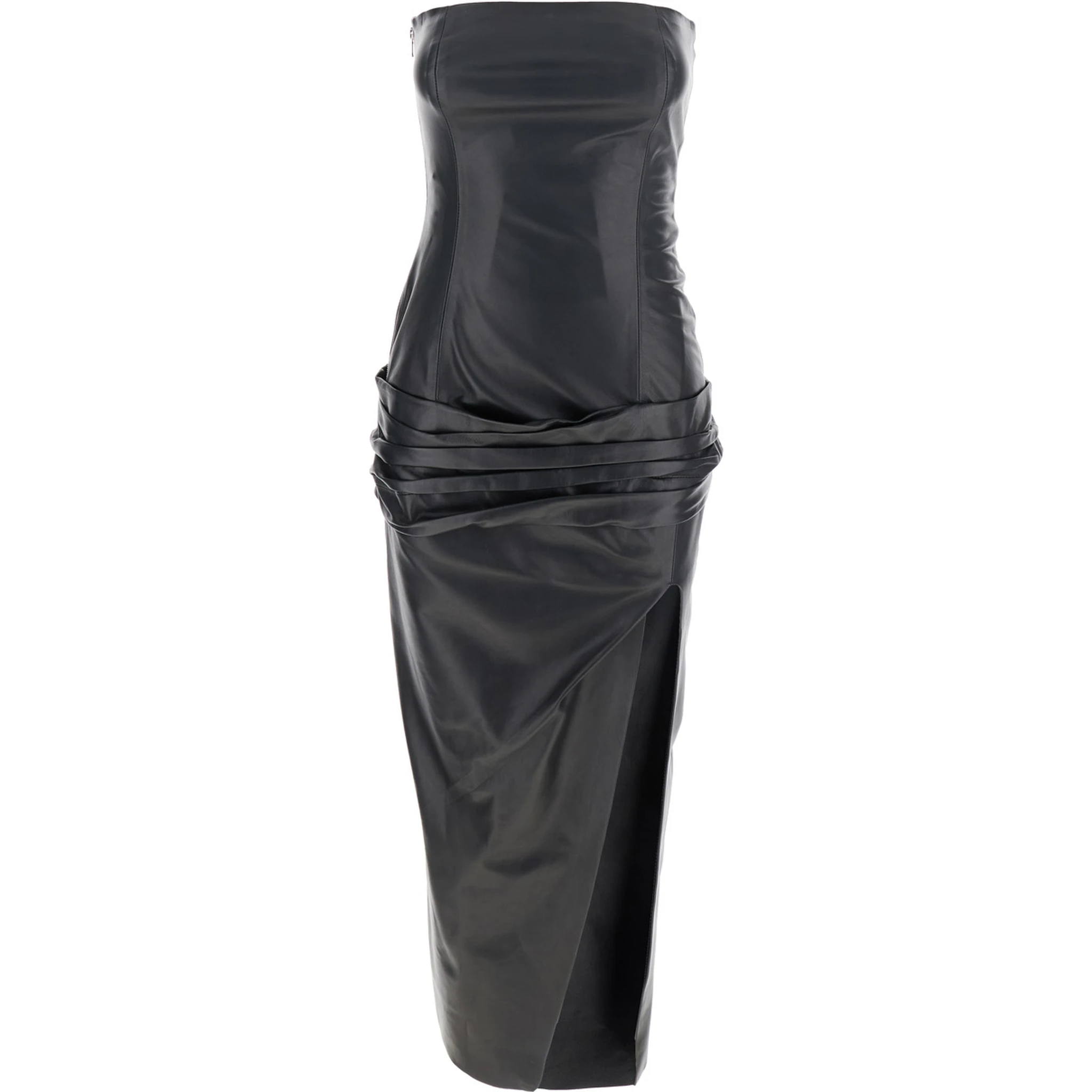 Black Sleeveless Off-Shoulder Midi Dress with Front Single Slit and Ruched Waist in Leather Woman