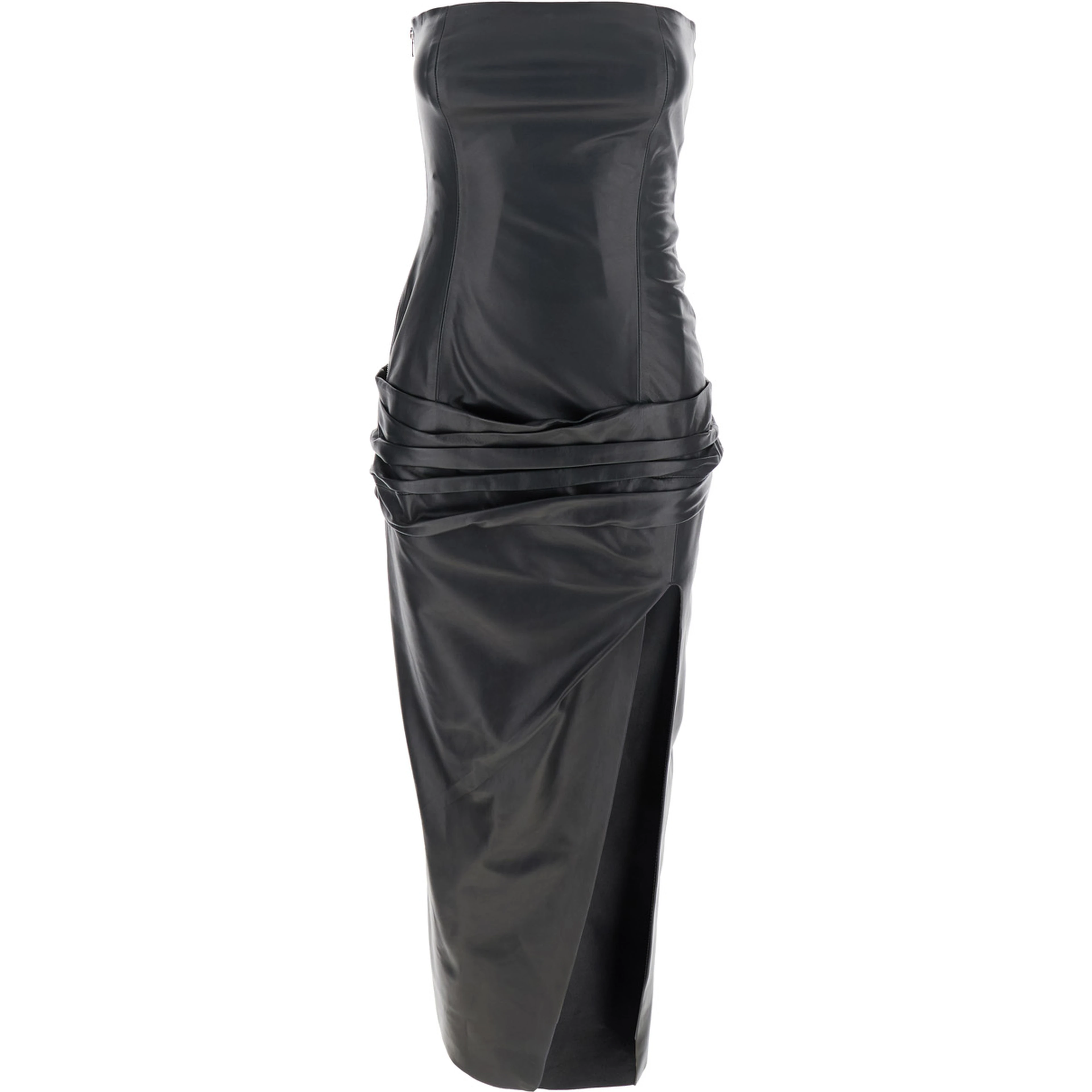 Black Sleeveless Off-Shoulder Midi Dress with Front Single Slit and Ruched Waist in Leather Woman