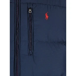 Blue Down Jacket with Fixed Hood and Embroidered Pony Logo on Chest in Tech Fabric Man