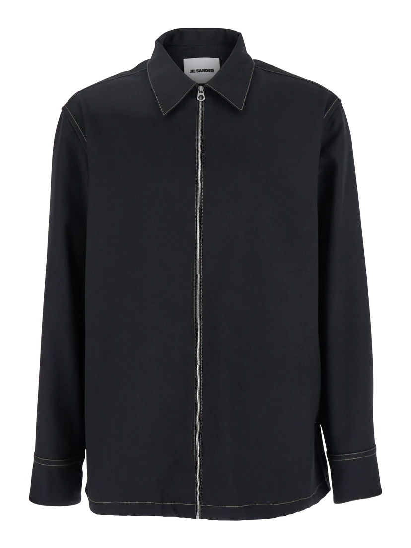 Black Zip-Up Shirt with Contrasting Stitching in Tech Fabric Man