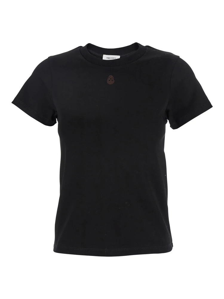 Black Crewneck T-Shirt with Skull Embroidery on the Front in Cotton Woman
