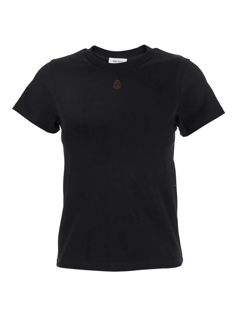 Black Crewneck T-Shirt with Skull Embroidery on the Front in Cotton Woman