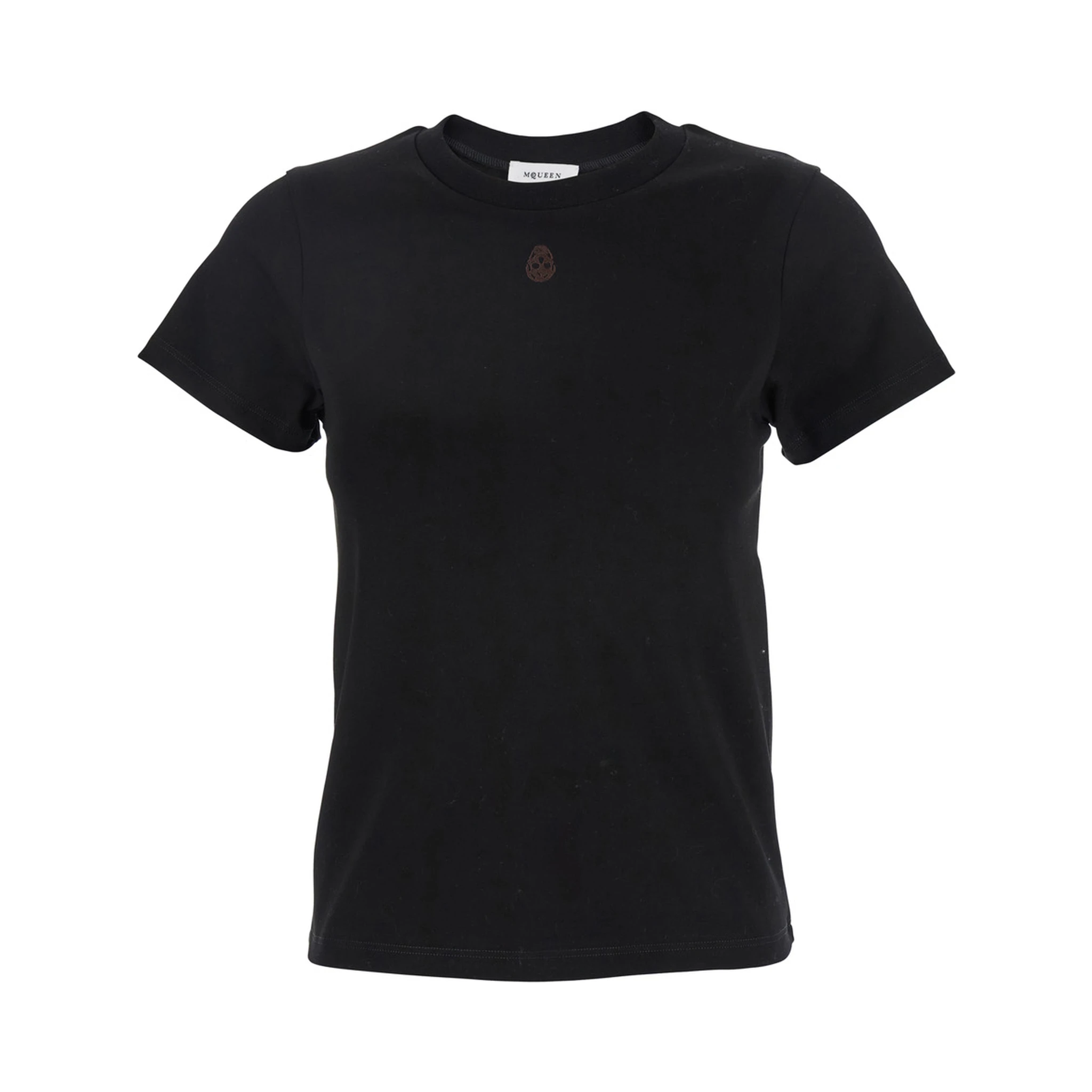Black Crewneck T-Shirt with Skull Embroidery on the Front in Cotton Woman