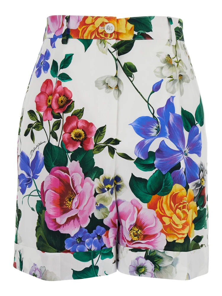 Multicolor Bermuda Shorts with All-Over Floral Pattern Print in Cotton Woman