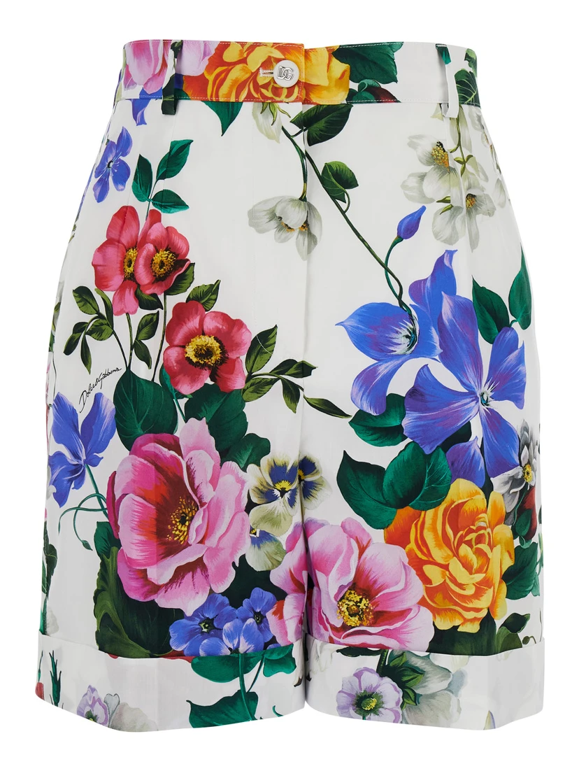 Multicolor Bermuda Shorts with All-Over Floral Pattern Print in Cotton Woman