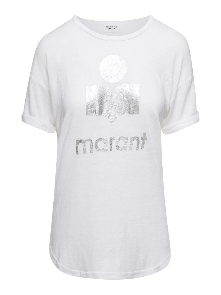 Koldi White Crewneck T-Shirt with Contrasting Logo in Linen Woman Isabel Marant Etoile