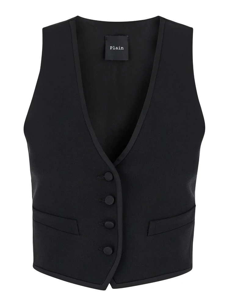 Smoking Black Vest with Covered Buttons in Tech Fabric Woman