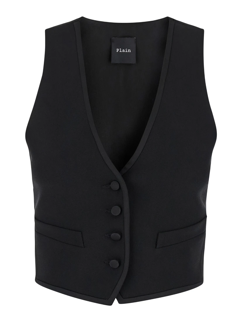 Smoking Black Vest with Covered Buttons in Tech Fabric Woman