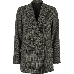 Brown Double-Breasted Jacket with Check Motif in Tech Fabric Woman