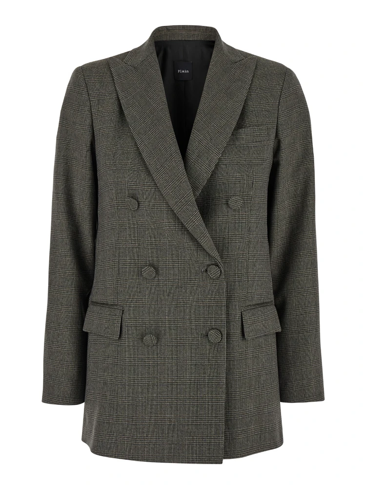 Brown Double-Breasted Jacket with Check Motif in Tech Fabric Woman