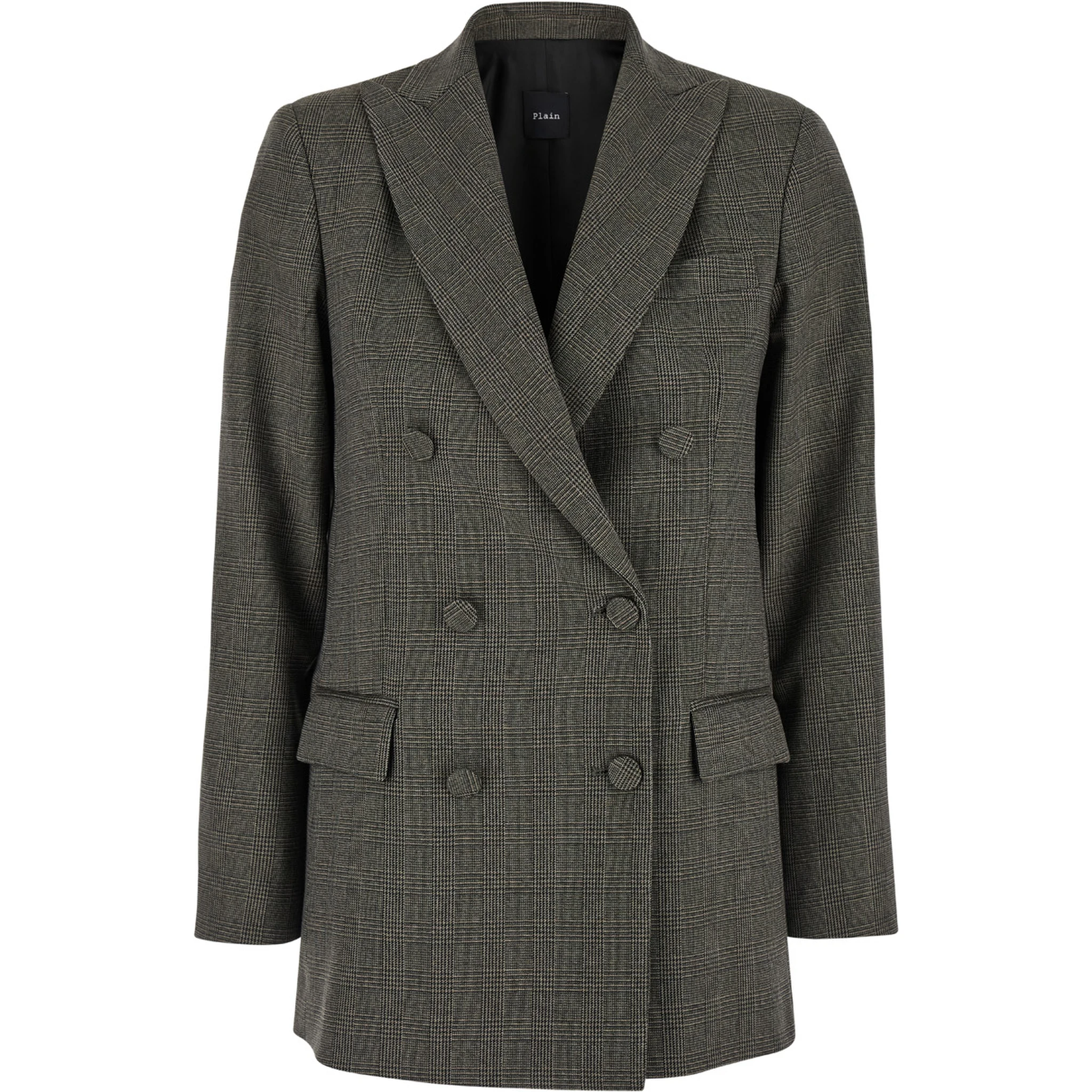 Brown Double-Breasted Jacket with Check Motif in Tech Fabric Woman