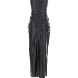 Black Sleeveless Off-Shoulder Midi Dress with Front Single Slit and Ruched Waist in Leather Woman