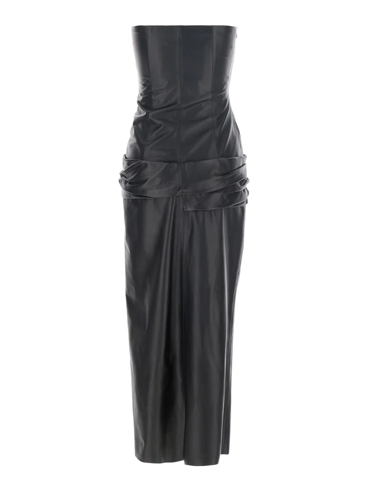 Black Sleeveless Off-Shoulder Midi Dress with Front Single Slit and Ruched Waist in Leather Woman alternative