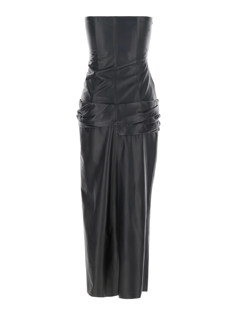Black Sleeveless Off-Shoulder Midi Dress with Front Single Slit and Ruched Waist in Leather Woman