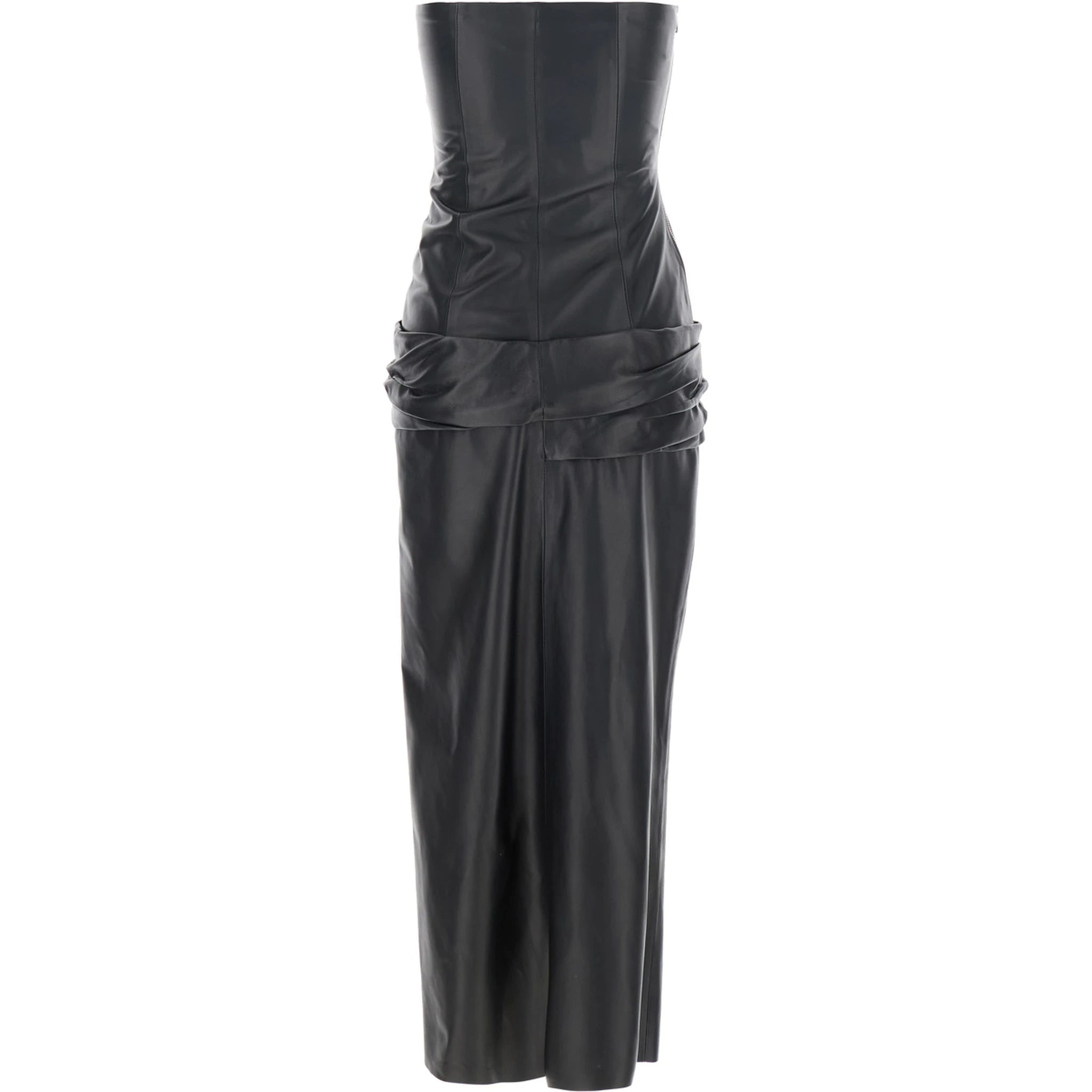 Black Sleeveless Off-Shoulder Midi Dress with Front Single Slit and Ruched Waist in Leather Woman