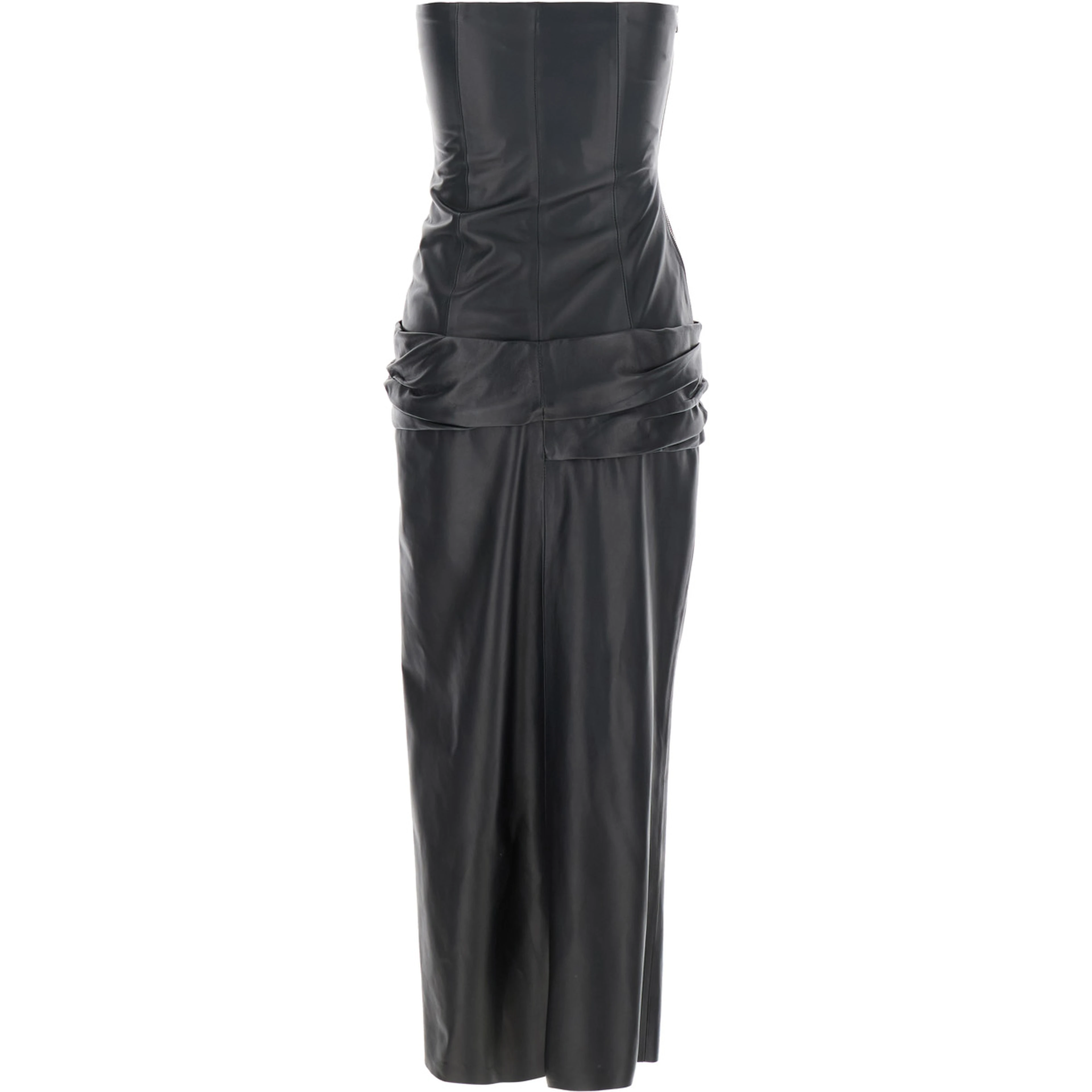 Black Sleeveless Off-Shoulder Midi Dress with Front Single Slit and Ruched Waist in Leather Woman
