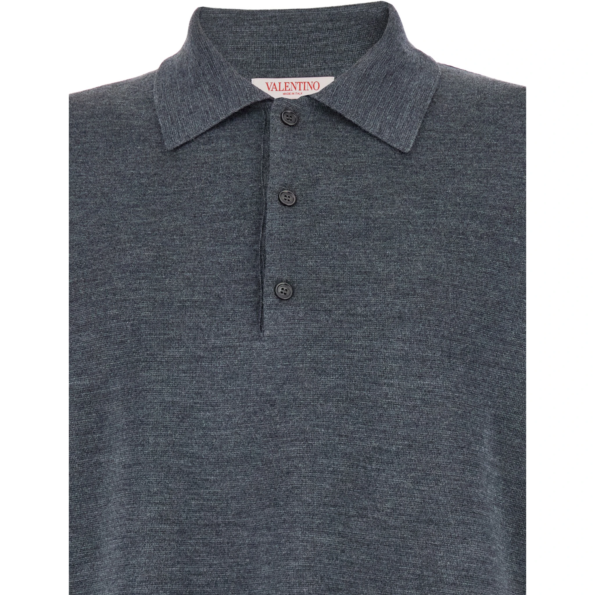 Grey Polo Shirt with Classic Collar and Long Sleeves in Wool Man