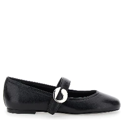 Black Ballerinas with Metallic Logo and Strap in Smooth Leather Woman