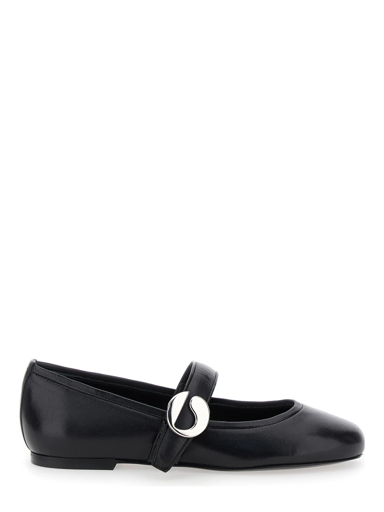 Black Ballerinas with Metallic Logo and Strap in Smooth Leather Woman