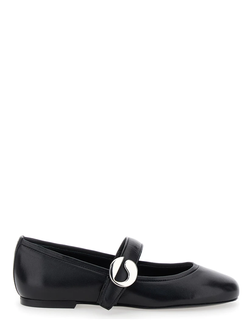Black Ballerinas with Metallic Logo and Strap in Smooth Leather Woman