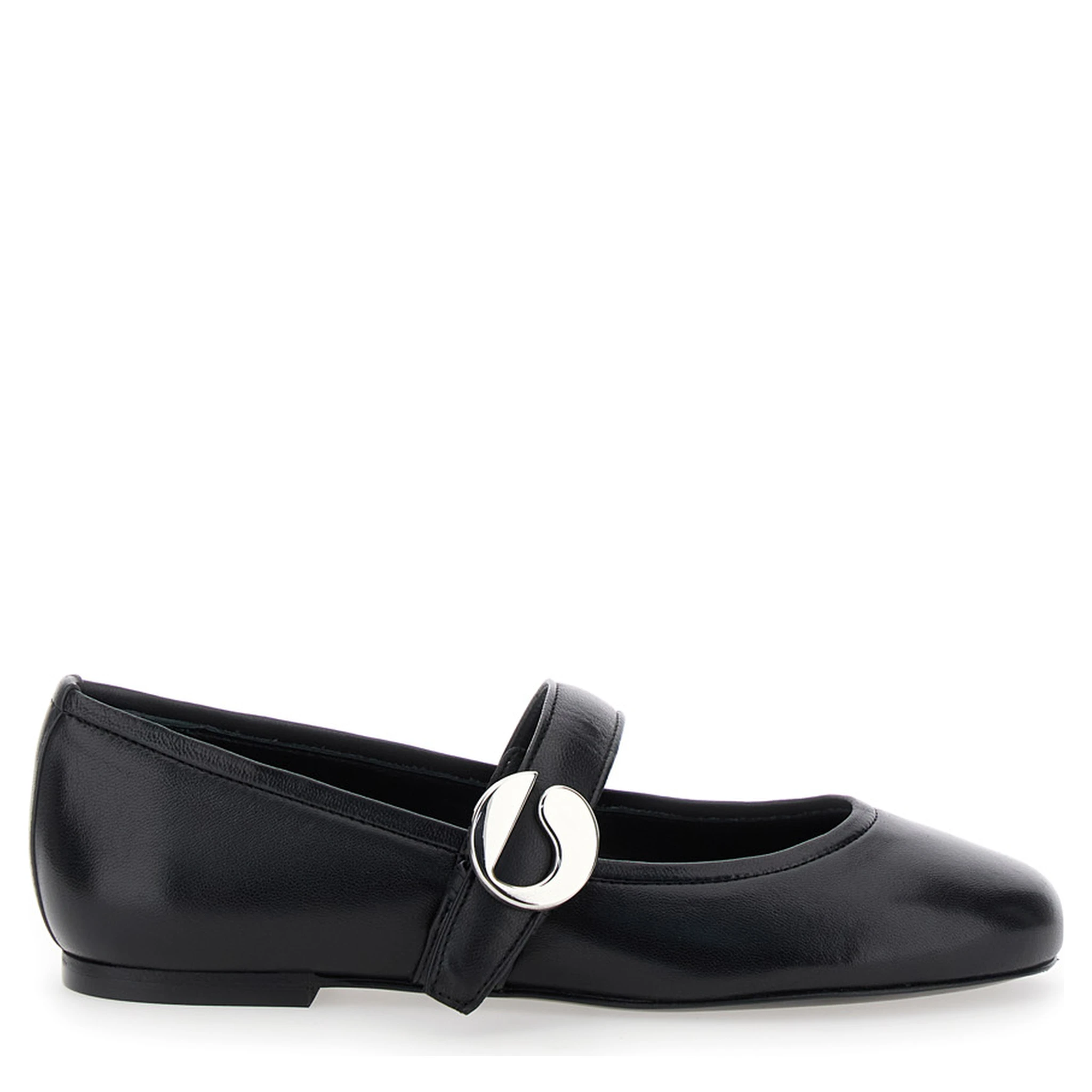 Black Ballerinas with Metallic Logo and Strap in Smooth Leather Woman