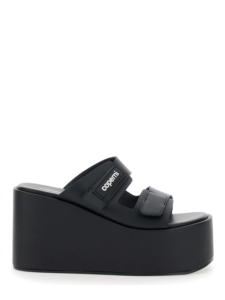 Black Wedges with Logo Patch on the Front and Touch-Strap Closure in Leather Woman