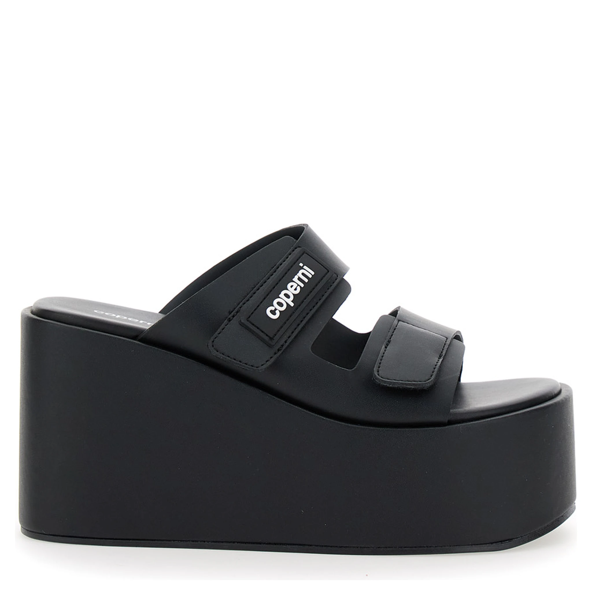 Black Wedges with Logo Patch on the Front and Touch-Strap Closure in Leather Woman
