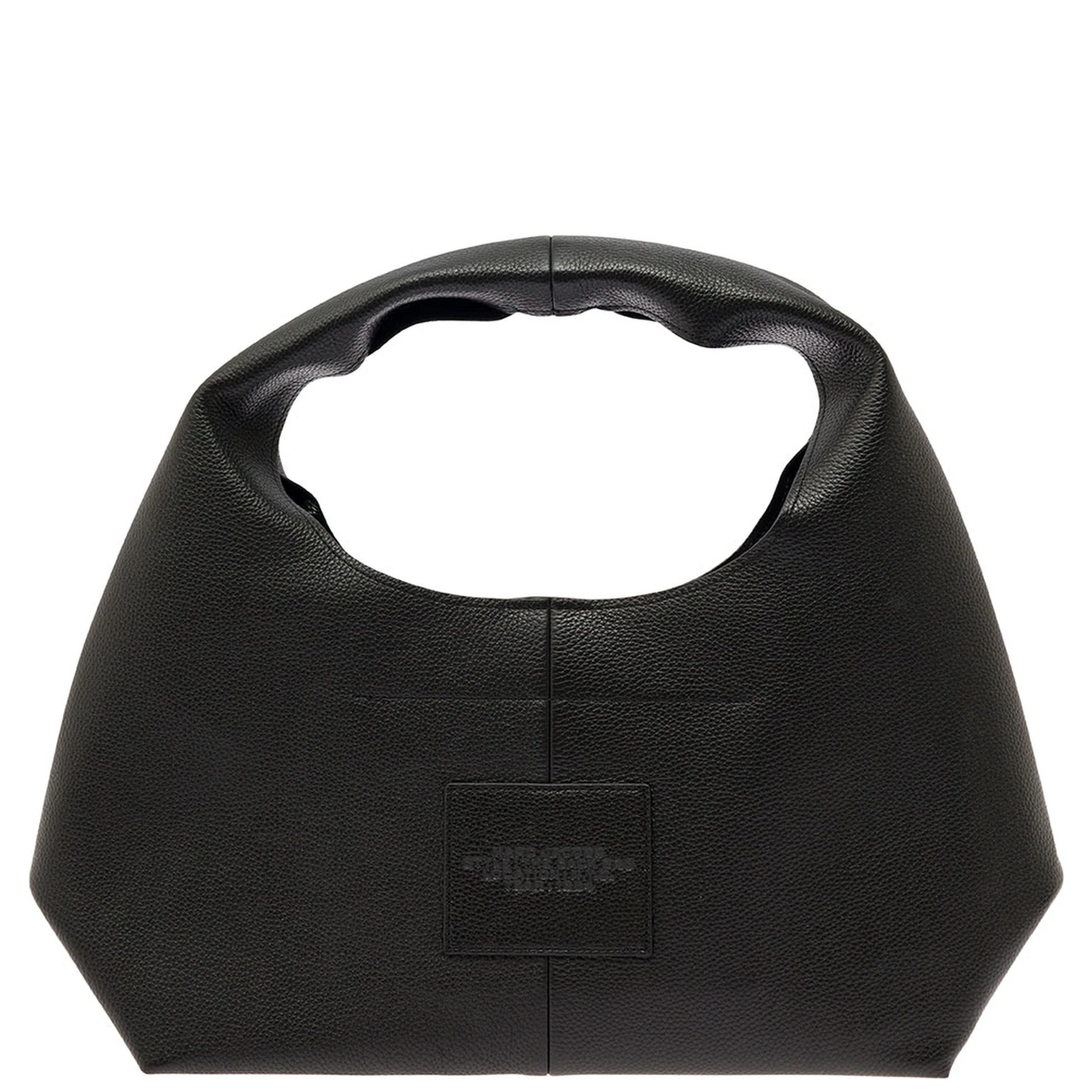 The Sack Black Shoulder Bag with Embossed Logo in Hammered Leather Woman