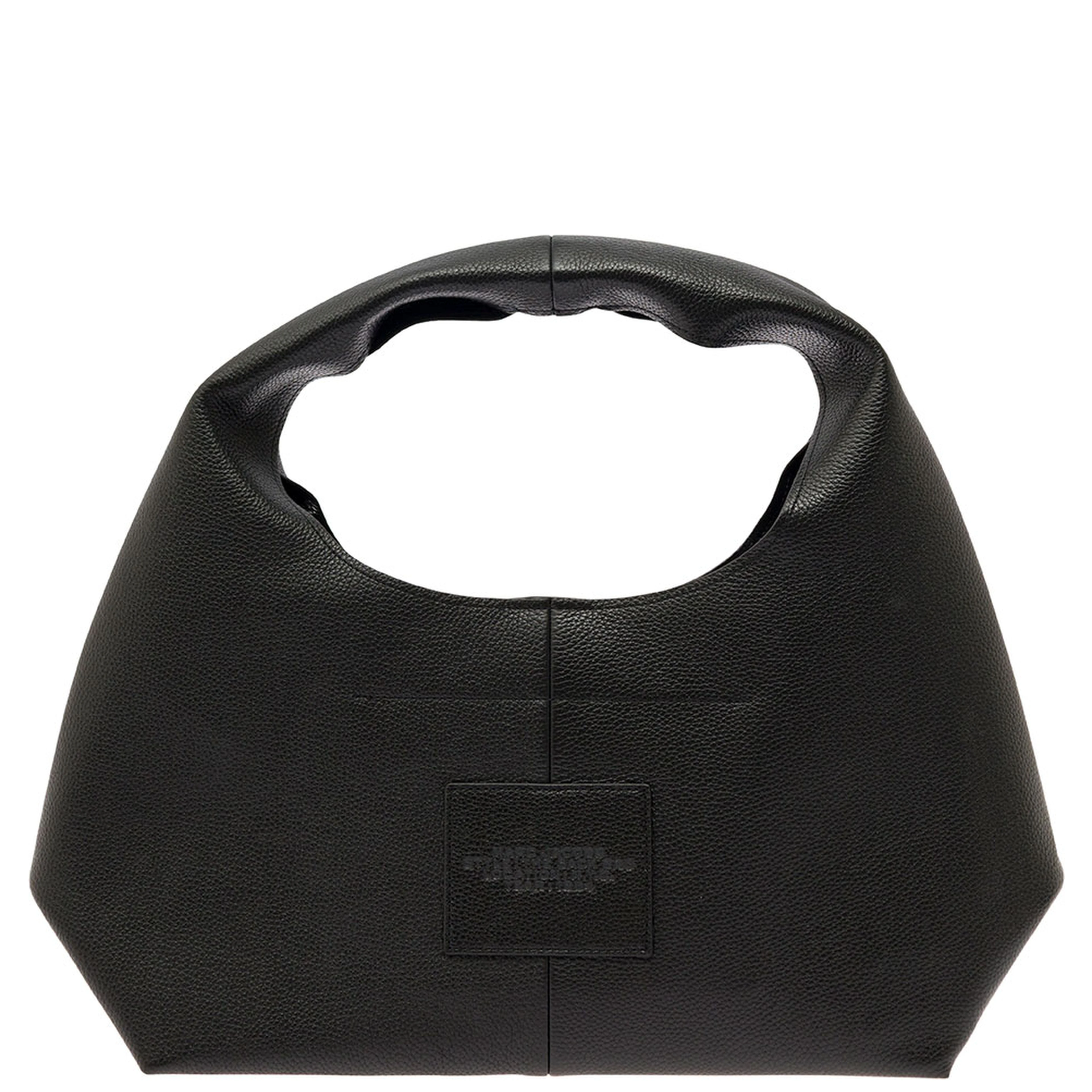 The Sack Black Shoulder Bag with Embossed Logo in Hammered Leather Woman