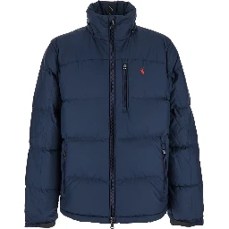 Blue Down Jacket with Fixed Hood and Embroidered Pony Logo on Chest in Tech Fabric Man