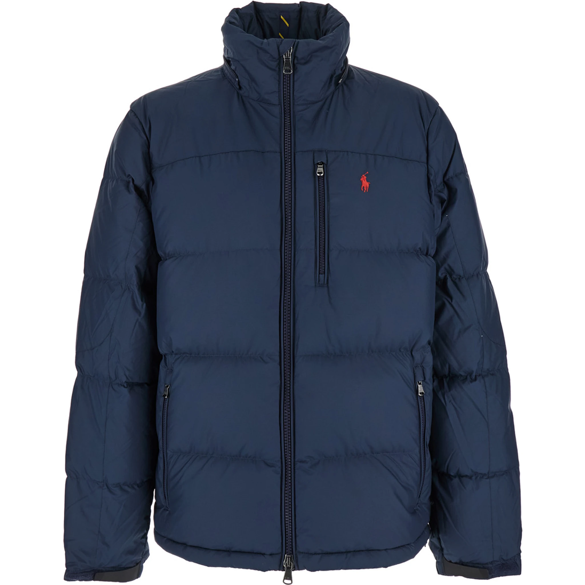 Blue Down Jacket with Fixed Hood and Embroidered Pony Logo on Chest in Tech Fabric Man