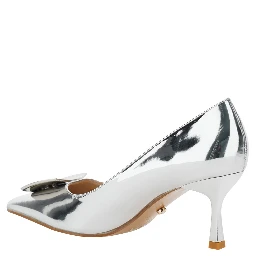 Metallic Pumps with Metallic Square Buckle and Stiletto Heel in Mirrored Fabric Woman
