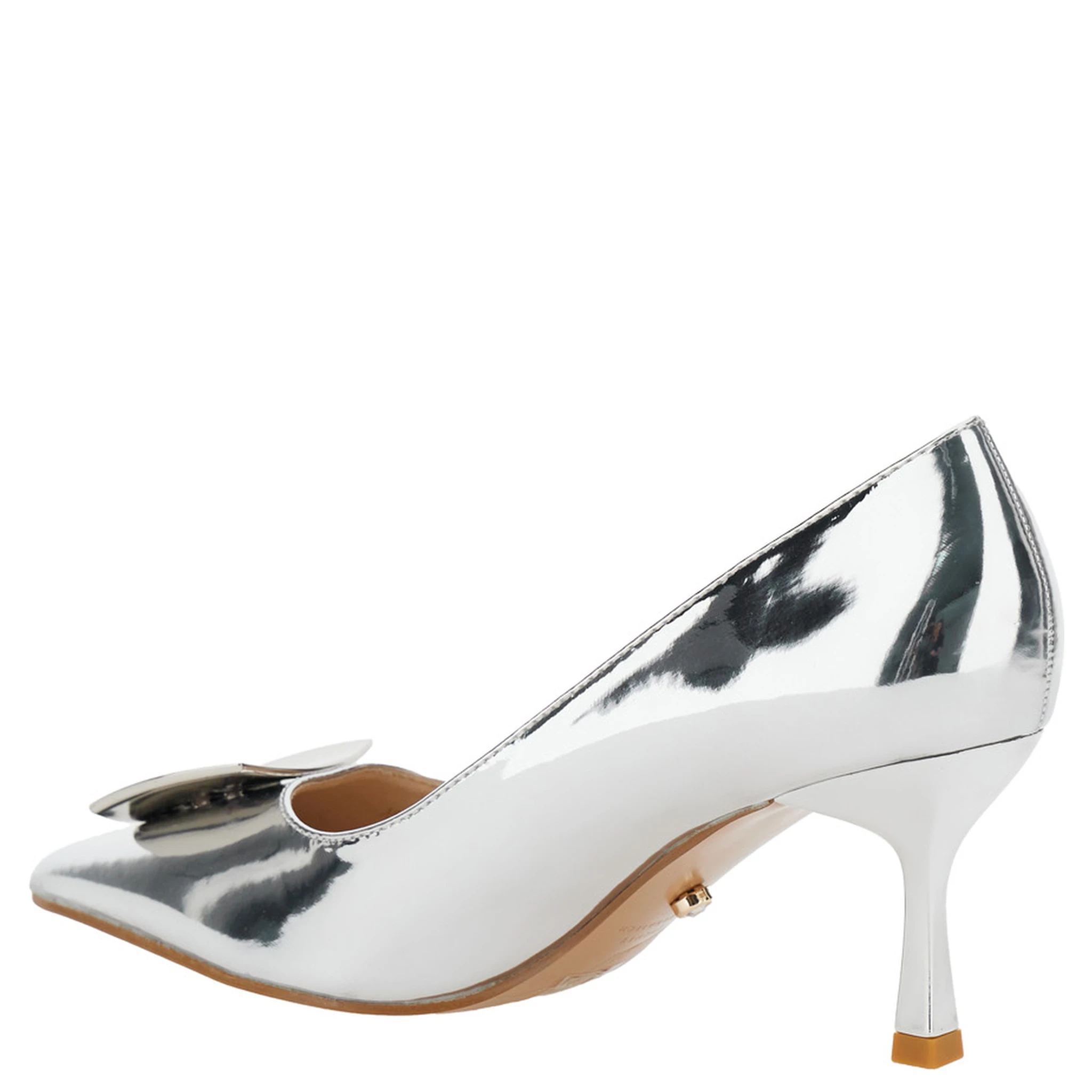 Metallic Pumps with Metallic Square Buckle and Stiletto Heel in Mirrored Fabric Woman