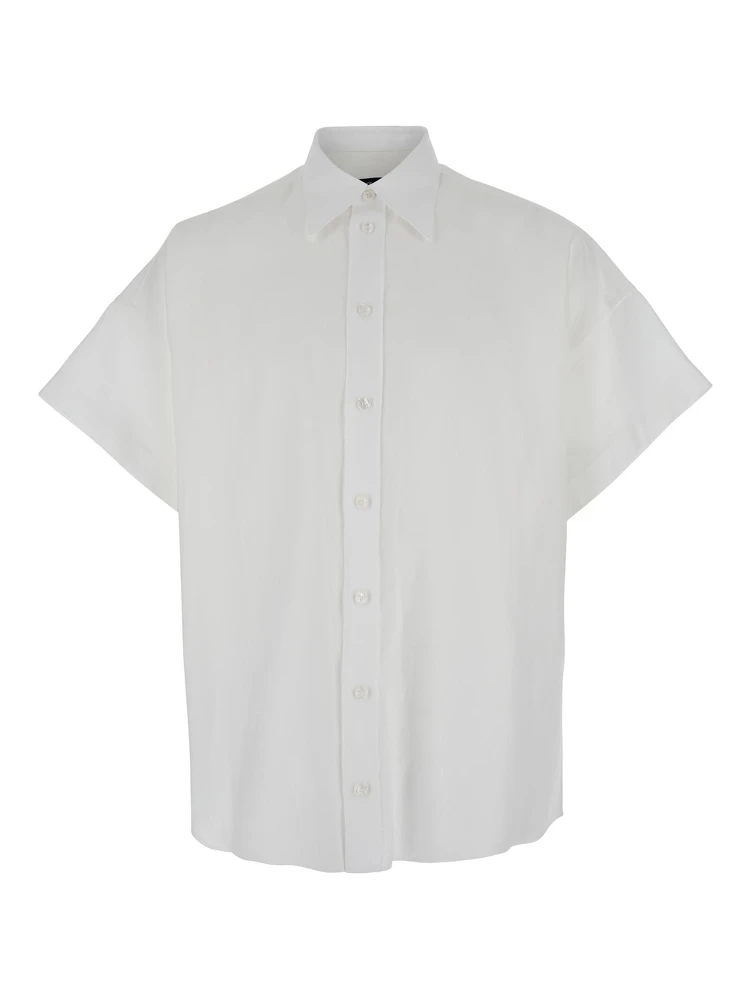 White Shirt with  Classic Collar and Wide Short Sleeves in Linen Man