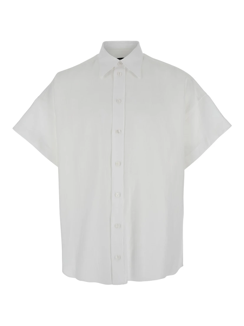 White Shirt with  Classic Collar and Wide Short Sleeves in Linen Man
