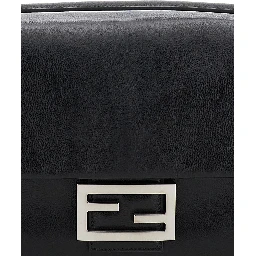 Baguette Chain Large Black Crossbody Bag with FF Closure in Leather Woman