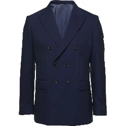 Blue Double-breasted Blazer with Pointed Reverses in Wool and Cotton Blend Man